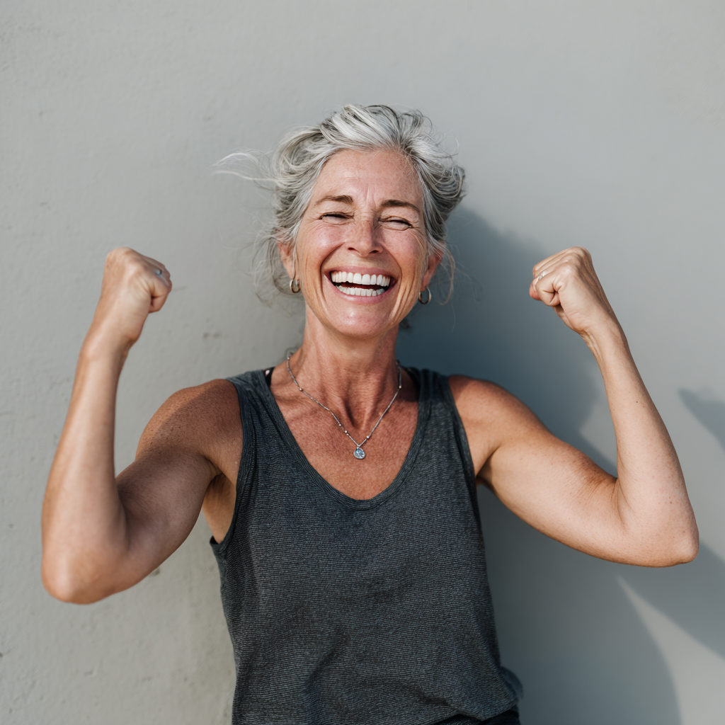 mature woman celebrating fitness achievements with genuine happiness